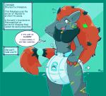  2023 anthro blush blush_lines clothed clothing dialogue diaper diaper_only ear_piercing english_text female generation_5_pokemon geometric_background glitch hi_res lock_symbol looking_back lynhug_bb nintendo piercing pokemon pokemon_(species) signature simple_background solo speech_bubble standing text three-quarter_view topless wearing_diaper zoroark 