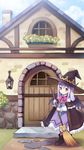 bat_wings boots broom chimney cloud day door grass hat highres long_hair mauve outdoors pink_eyes pio_(potion_maker) pointy_ears potion_maker purple_hair sky smile solo standing window wings witch_hat 