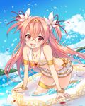  arm_strap bikini bikini_skirt blue_sky bracelet cloud collarbone day fang flower hair_flower hair_ornament innertube jewelry kidatsu!_dungeons_lord kyoma_(yellowxcake) lake long_hair necklace open_mouth original pink_hair red_eyes sky smile solo splashing swimsuit thigh_strap tiara two_side_up very_long_hair water white_bikini 