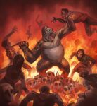  100_men_vs_1_gorilla_(meme) 2girls 6+boys absurdres derivative_work doom_(2016) doom_(series) doom_cover_parody dress_shirt fangs fiery_background fire gorilla hand_on_another&#039;s_neck hieumay highres lifting_person long_sleeves looking_at_another male_focus meme multiple_boys multiple_girls necktie no_eyes open_mouth original red_theme shirt silhouette skirt skull video_game_cover_redraw 