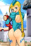  1girl ahoge armband ass back back_cutout blonde_hair blue_eyes blush braid cammy_white capcom fingerless_gloves from_behind garrison_cap gloves hairline hat huge_ahoge leotard long_hair looking_at_viewer looking_back open_mouth ribbed_leotard scar shiguko shiny shiny_skin shoulder_pads single_braid smile solo street_fighter street_fighter_zero thong_leotard thumbs_up very_long_hair 
