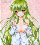  blush breasts brown_eyes c.c. cleavage code_geass dress_shirt green_hair large_breasts long_hair looking_at_viewer marker_(medium) millipen_(medium) parted_lips pastel_(medium) ren_(endscape20) sample shirt solo traditional_media undressing very_long_hair 