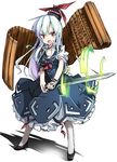  bamboo_scroll blue_dress breasts cleavage collarbone dress hat high_heels jewelry kamishirasawa_keine long_hair medium_breasts neckerchief noya_makoto open_mouth pendant puffy_short_sleeves puffy_sleeves red_eyes scroll shirt short_sleeves silver_hair solo sword touhou weapon 