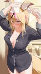  1girl ahoge alternate_costume animal_ear_fluff animal_ears bad_link blonde_hair bottomless breasts fox_ears fox_tail highres hololive large_breasts omaru_polka solo sweat tail uzuradobin virtual_youtuber wet 