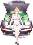  &gt;:) ayase_eli bare_arms bare_legs bikini blonde_hair blue_eyes breasts car cleavage error front-tie_bikini front-tie_top grin ground_vehicle highres leaning looking_at_viewer love_live! love_live!_school_idol_project medium_breasts motor_vehicle navel on_vehicle parted_lips ponytail sandals side-tie_bikini smile solo sweeter_(h110111) swimsuit thigh_gap toyota toyota_supra v-shaped_eyebrows white_bikini 