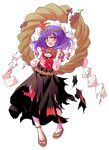  after_battle alphes_(style) blush breasts clenched_hands d: dairi full_body highres leaf looking_at_viewer maple_leaf medium_breasts open_mouth parody purple_hair red_eyes rope sandals shimenawa skirt solo style_parody tachi-e tears torn_clothes touhou transparent_background tunic underboob yasaka_kanako 