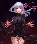  bottomless breasts dark_sakura dress fate/stay_night fate_(series) hair_ribbon highres i.a.m.genesic large_breasts lavender_hair long_hair matou_sakura purple_hair pussy red_eyes ribbon skirt_up solo white_hair 