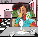 absurd_res ambiguous_gender anthro banana beak bird_wyvern black_smoke blue_body blue_clothing blue_dress blue_feathers blue_scales bodily_fluids booth_seating brown_body brown_skin brute_wyvern capcom chandelier checkered checkered_floor clothing countertop crimson_qurupeco crimsontyd curtains cutlery date dessert deviljho dress eyeshadow faceless_character feathers first_person_view food fruit furniture glowing glowing_eyes green_body green_scales group hi_res honk human ice_cream kitchen_utensils laugh looking_at_viewer looking_back looking_back_at_viewer makeup male male/male mammal monster_hunter orange_body orange_scales plant qurupeco red_body red_electricity red_feathers red_scales savage_deviljho scales scar sharp_teeth shirt smoke spoon stool suit sweat tan_body tan_skin tank_top teeth tools topwear trio wall_(structure) window yellow_body yellow_feathers