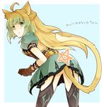  ahoge animal_ears ass atalanta_(fate) bangs blonde_hair blue_background blush braid brown_gloves buckle cat_ears cat_tail cowboy_shot fate/apocrypha fate_(series) from_behind frown garter_straps gloves gradient_hair green_eyes green_hair leaning_forward long_hair looking_at_viewer looking_back multicolored_hair outside_border puffy_short_sleeves puffy_sleeves short_sleeves simple_background solo star tail tamaki_(glass_bottle) thighhighs translation_request two-tone_hair 