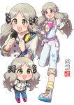  1girl absurdres bead_bracelet beads black_bow black_skirt blue_pantyhose blush boots bow bracelet buttons character_name chibi clenched_hands dot_nose double-breasted full_body gloves green_eyes grey_hair hair_bow handa_roco hands_up headphones headphones_around_neck heisei_retro highres holding holding_toy idolmaster idolmaster_million_live! jacket jewelry leg_up long_hair long_sleeves low_twintails multicolored_boots ngetyan open_mouth overalls pantyhose pink_boots pink_shirt polka_dot polka_dot_bow print_overalls sailor_collar scrunchie shirt single_glove skirt smile socks sparkle sparkling_eyes striped_clothes striped_socks toy twintails upper_body v-shaped_eyebrows white_background white_gloves white_jacket white_overalls wrist_scrunchie yellow_socks 