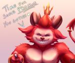 anthro crown demon fennephilim_fox floating_crown fur gesture gold_(metal) gold_jewelry hair hand_gesture headgear hi_res horn jewelry league_of_legends looking_at_viewer male one_eye_closed pointing pointing_at_viewer red_body red_eyes red_fur red_hair riot_games simple_background smile smiling_at_viewer solo teemo_(lol) tencent text text_with_heart wink winking_at_viewer yordle