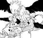  1boy 1girl ai_(digimon_tamers) beelzebumon beelzebumon_blast_mode black_wings daizu_(npl) demon digimon digimon_tamers gauntlets helmet monochrome ribbon short_hair third_eye wings 