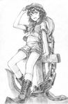  adjusting_clothes adjusting_hat anchor arm_support boots cross-laced_footwear greyscale hat highres kneehighs leaning matumasima midriff monochrome murasa_minamitsu navel open_mouth sailor sailor_collar short_hair shorts smile socks solo standing touhou 
