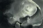  boots cloud cloudy_sky coat dual_persona feathered_wings final_fantasy final_fantasy_vii final_fantasy_vii_ever_crisis floating_hair grey_theme greyscale highres holding holding_sword holding_weapon left-handed long_hair long_sleeves male_focus masamune_(ff7) monochrome parted_hair rain reflection reflective_water riovvvvvvovo sephiroth sephiroth_(ever_crisis) single_wing sky standing sword weapon wings 