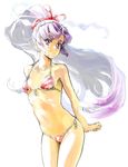  alternate_costume bikini breasts chikuwa_(tks) front-tie_top hair_ribbon hatsuharu_(kantai_collection) kantai_collection long_hair looking_at_viewer navel ponytail purple_eyes purple_hair ribbon short_eyebrows side-tie_bikini simple_background sketch small_breasts smile solo swimsuit very_long_hair white_background 