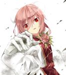  bandages bun_cover double_bun flower gorilla_(bun0615) highres ibaraki_kasen looking_at_viewer open_mouth pink_flower pink_hair pink_rose puffy_short_sleeves puffy_sleeves red_eyes rose shirt short_sleeves skirt solo tabard touhou 