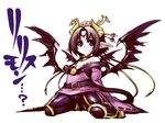  1girl bandai bat_(symbol) bat_wings black_hair blue_eyes breasts claws cleavage corset demon_girl detached_collar detached_sleeves digimon eyeshadow facial_mark female forehead_mark hair_bun hair_ornament horns legs lilithmon lipstick makeup mole multiple_wings pointy_ears seven_great_demon_lords shawl simple_background solo succubus tattoo white_background wings younger 