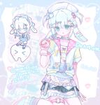 &gt;_&lt; 1girl animal_ears blue_jacket chibi commentary commission denim denim_skirt english_text fashion flat_chest food-themed_hair_ornament frilled_skirt frills hair_ornament hat heisei_retro highres holding_pliers jacket layered_clothes multiple_views nurse_cap o-ring omunako13 open_clothes open_jacket original pastel_colors pliers print_shirt sanrio shirt short_hair skirt solo_focus strawberry_hair_ornament thigh_strap tooth two_side_up usahana white_hair yume_kawaii 