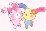  2girls ^_^ animal_ears blush bonbonribbon bow chibikemo closed_eyes couple flower furry furry_female furry_with_furry hair_flower hair_ornament heisei_retro holding_hands multiple_girls open_mouth orange_flower pink_bow polka_dot polka_dot_bow rabbit_ears rabbit_girl rabbit_tail sanrio simple_background smile starlet_twt tail usahana white_background yuri 