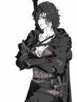  1girl black_cape black_gloves black_hair black_pants breasts cape chinese_commentary cleavage clive_rosfield closed_mouth collarbone commentary_request cowboy_shot crossed_arms final_fantasy final_fantasy_xvi genderswap genderswap_(mtf) gloves hair_over_one_eye highres pants red_vest scar scar_on_cheek scar_on_face sheath sheathed short_hair solo suiteikanse sword sword_on_back vest weapon weapon_on_back white_background 