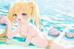  1girl arm_up ass ball barefoot basketball_(object) beach bikini blonde_hair blue_eyes breasts chromatic_aberration d_omm fang flower foot_out_of_frame hair_flower hair_ornament long_hair lying misawa_maho ocean on_stomach open_mouth outdoors ribbon rou-kyuu-bu! side-tie_bikini_bottom small_breasts smile solo swimsuit thighs toes twintails v yellow_bikini 