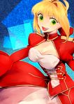  ahoge blonde_hair breasts dress fate/extra fate_(series) green_eyes hair_ribbon large_breasts nero_claudius_(fate) nero_claudius_(fate)_(all) purinnkawayusu red_dress ribbon solo 