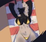 2025 anthro beatrice_(maxdodraws) big_breasts bikini bikini_bottom bikini_thong bikini_top black_body black_fur bovid breasts caprine clothed clothing eyelashes female fur goat gold_bikini golden_week ground hair hands_behind_head horn looking_at_viewer lying mammal maxdodraws multicolored_body multicolored_fur navel nipple_outline nipples nipples_visible_through_clothing on_back on_ground on_towel sand signature skimpy skimpy_swimwear solo swimwear towel two-piece_swimsuit two_tone_body two_tone_fur white_body white_fur white_hair yellow_eyes