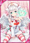  :3 :o akkijin angel_wings animal_ears bangs bare_shoulders bed between_legs blown_kiss blush border breasts card_(medium) cat_ears cat_tail catcine_(shinkai_no_valkyrie) curtains detached_sleeves dress feathers foreshortening full_body green_eyes hand_between_legs hat heart indoors large_breasts long_hair looking_at_viewer no_shoes nurse nurse_cap official_art on_bed open_mouth outstretched_arm paw_print red_legwear shinkai_no_valkyrie short_dress sitting sleeves_past_wrists solo sparkle spread_legs striped striped_legwear syringe tail thighhighs very_long_hair wariza white_hair white_legwear wings zettai_ryouiki 