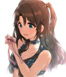  1girl bare_shoulders bikini black_hair blue_bikini blue_choker blue_eyes breasts choker earrings finger_ribbon floral_print flower_earrings frilled_bikini frills hanetsuka idolmaster idolmaster_shiny_colors jewelry long_hair looking_at_hand mitsumine_yuika open_mouth small_breasts smile solo swimsuit twintails two_side_up white_background 