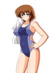  blue_eyes brown_hair lyrical_nanoha mahou_shoujo_lyrical_nanoha mahou_shoujo_lyrical_nanoha_a's mahou_shoujo_lyrical_nanoha_a's_portable:_the_battle_of_aces material-s older one-piece_swimsuit short_hair simple_background solo swimsuit zerosu_(take_out) 