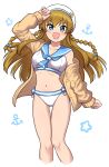  1girl absurdres anchor_hat_ornament anchor_symbol bikini blue_bow blue_eyes blue_neckerchief blue_sailor_collar blush bow braid breasts brown_cardigan brown_hair cardigan clenched_hand collarbone dot_nose hair_between_eyes hand_up hat hat_ornament highres idolmaster idolmaster_million_live! kousaka_umi legs long_hair long_sleeves looking_at_viewer medium_breasts navel neckerchief ngetyan open_cardigan open_clothes open_mouth sailor_collar sailor_hat sailor_swimsuit_(idolmaster) sidelocks smile solo star_(symbol) stomach swimsuit thighs v-shaped_eyebrows white_background white_bikini white_hat 