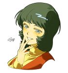  1girl black_hair blue_eyes blush commentary_request fa_yuiry grin gundam kamonekm long_sleeves portrait short_hair simple_background smile solo straight_hair white_background zeta_gundam 