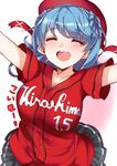  :d ^_^ alternate_costume baseball_jersey blue_hair breasts closed_eyes clothes_writing double_bun facing_viewer haruyuki_(yukichasoba) hat hiroshima_touyou_carp kantai_collection large_breasts long_hair nippon_professional_baseball open_mouth red_hat red_shirt sailor_hat shirt smile solo urakaze_(kantai_collection) 