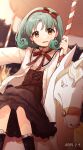  1girl absurdres aqua_hair black_boots black_dress black_hairband black_ribbon blurry boots bow_hairband brown_eyes capelet carousel collar curly_hair dated depth_of_field dot_nose dress eyelashes frilled_capelet frilled_collar frilled_socks frills hairband highres idolmaster idolmaster_million_live! idolmaster_million_live!_theater_days jacket looking_at_viewer neck_ribbon nnnn open_clothes open_jacket outstretched_arm parted_bangs ribbon sitting smile socks solo tokugawa_matsuri white_capelet white_jacket 