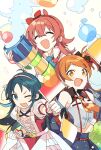  3girls ahoge ap_bar bare_shoulders belt blue_hair blue_skirt blush cannon closed_eyes fang flower hair_between_eyes hairband highres holding holding_flower idol idolmaster idolmaster_cinderella_girls idolmaster_million_live! idolmaster_poplinks idolmaster_shiny_colors komiya_kaho long_hair looking_at_viewer multiple_girls nanjo_hikaru navel necktie off_shoulder ogami_tamaki one_eye_closed open_mouth orange_hair red_hair skirt smile suspender_skirt suspenders trait_connection 