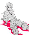  1girl ashelia_b&#039;nargin_dalmasca belt detached_sleeves final_fantasy final_fantasy_xii full_body greyscale highres looking_at_viewer midriff miniskirt monochrome navel panties short_hair skirt solo tamago_tomato thighhighs underwear 