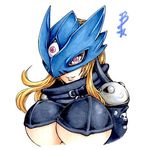  1girl bellestarrmon blonde_hair breasts digimon helmet large_breasts long_hair monster_girl red_eyes smile underboob upper_body 