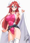  1girl aty_(summon_night) belt belt_buckle black_belt blanket blue_eyes blush breasts buckle choker closed_mouth commission competition_swimsuit glasses hair_between_eyes hat highleg highleg_one-piece_swimsuit highres holding holding_blanket large_breasts long_hair looking_at_viewer multicolored_swimsuit one-piece_swimsuit pink_one-piece_swimsuit pixiv_commission rectangular_eyewear red_hair signature simple_background smile solo summon_night swimsuit thighs white_background white_choker white_hat yoo_tenchi 