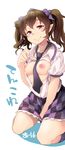  between_breasts breasts breasts_outside brown_hair checkered checkered_skirt commentary_request hair_ribbon hat highres himekaidou_hatate necktie necktie_between_breasts nipples open_clothes open_shirt pointy_ears ribbon shirt short_hair skirt small_breasts smile soine solo tokin_hat touhou translation_request twintails 