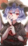  1girl absurdres alternate_color ascot bat_wings black_hat black_shirt blue_hair brooch collared_shirt commentary_request dress frilled_dress frills gagaku_kawa_rei hair_between_eyes hat hat_ribbon highres jewelry looking_at_viewer mob_cap open_mouth puffy_short_sleeves puffy_sleeves red_ascot red_eyes red_nails red_ribbon remilia_scarlet ribbon shirt short_hair short_sleeves solo touhou wings wrist_cuffs 