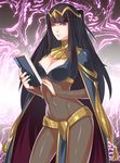  black_hair blue_eyes bodysuit book breasts bridal_gauntlets cape cleavage fire_emblem fire_emblem:_kakusei long_hair medium_breasts shunkaku signature solo tharja 