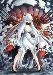  breasts cleavage dr.beeeee dress high_heels highres horns kantai_collection large_breasts long_hair midway_hime no_socks pigeon-toed red_eyes shinkaisei-kan solo turret white_dress white_hair 