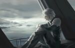  1boy armor cloud cloudy_sky commentary final_fantasy final_fantasy_vii final_fantasy_vii_ever_crisis gloves greyscale hashtag-only_commentary highres jacket knees_up long_sleeves looking_outside male_focus monochrome mountain ocean pants parted_hair pauldrons railing riovvvvvvovo sephiroth sephiroth_(ever_crisis) short_hair shoulder_armor single_pauldron sitting sky solo water 