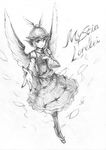  blouse brooch character_name fingernails foreshortening full_body greyscale hand_on_own_chest highres jewelry long_fingernails looking_at_viewer matumasima monochrome mystia_lorelei outstretched_hand petals pointy_ears short_hair skirt smile solo touhou vest wide_sleeves winged_hat wings 