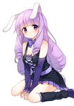  animal_ears bad_id bad_pixiv_id bare_shoulders blush bow bowtie breasts bunny_ears bunny_tail chuchu_(show_by_rock!!) cleavage curly_hair detached_sleeves highres long_hair looking_at_viewer medium_breasts purple_eyes purple_hair shinoba show_by_rock!! simple_background sitting solo tail wariza white_background 