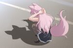  1girl animal_ears arms_behind_head bare_arms black_shoes black_skirt braid braided_bun brown_pantyhose cat_shadow_puppet_(meme) crown_braid day frilled_skirt frills hair_bun hair_ornament hair_ribbon hakui_koyori hakui_koyori_(1st_costume) highres hololive kokoro_(hakui_koyori) long_hair meme pantyhose pink_hair pleated_skirt red_ribbon ribbon shadow_puppet shirt shoes skirt solo squatting tail thighs toriyoshi_(mmxn3582) virtual_youtuber white_shirt wolf_ears wolf_girl wolf_tail 