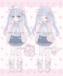  1girl 2000s_(style) aiiares backpack bag blue_bow blue_eyes blue_hair blue_shirt blue_skirt boots bow cellphone character_bag child commentary commission eyepatch fashion faux_retro_artstyle flip_phone food food-themed_bag frilled_skirt frills fruit full_body fur-trimmed_boots fur-trimmed_jacket fur_trim handbag headphones heart heisei_retro highres jacket lanyard long_hair multiple_views my_melody onegai_my_melody open_clothes open_jacket original pastel_colors phone pink_boots pink_jacket polka_dot polka_dot_jacket polka_dot_skirt pom_pom_(clothes) sanrio shirt skirt standing strawberry stuffed_animal stuffed_rabbit stuffed_toy symbol-only_commentary twintails very_long_hair watermark yume_kawaii 