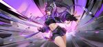  1girl alternate_costume ammunition_pouch black_hair breasts choker combat_knife fingerless_gloves gloves jacket knife leona_heidern metal_slug metal_slug_awakening midriff multicolored_hair navel official_alternate_costume official_art open_clothes open_jacket ponytail pouch purple_jacket soldier solo the_king_of_fighters weapon 