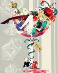  alice_(wonderland) alice_in_wonderland black_cat blonde_hair blue_eyes cat club_(shape) cup diamond_(shape) dress eat_me flower frills glass hair_ribbon heart in_container in_cup key long_hair looking_at_viewer lying original parted_lips ribbon rose satsuki_(miicat) spade_(shape) thighhighs white_rabbit 