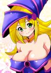  bangs bare_shoulders blonde_hair blurry blush breasts dark_magician_girl depth_of_field duel_monster flipped_hair floral_background flower green_eyes hair_between_eyes hat hexagram jewelry large_breasts light_smile long_hair looking_at_viewer neck_ring necklace off_shoulder perepere-kun smile solo upper_body yuu-gi-ou 